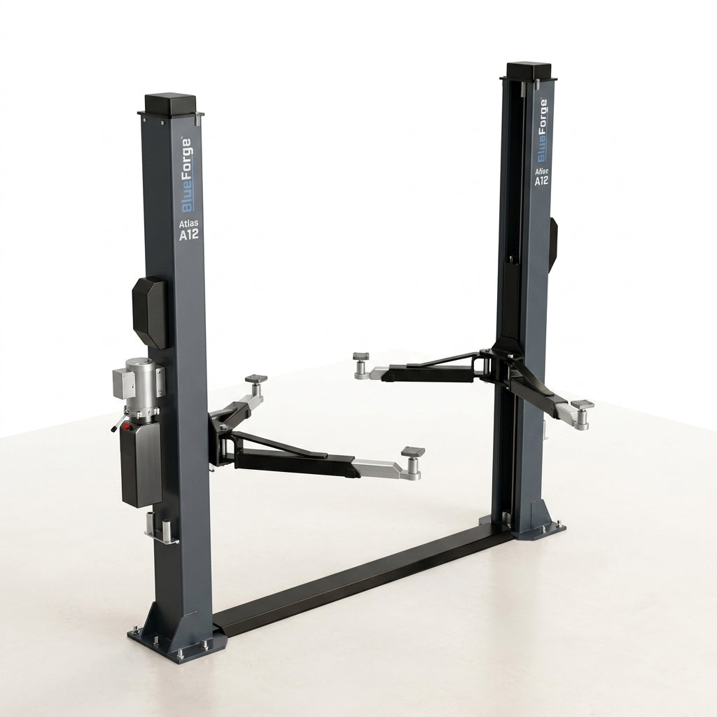 BlueForge Atlas A12 Asymmetric Two-Post Car Lift — Studio Shot
