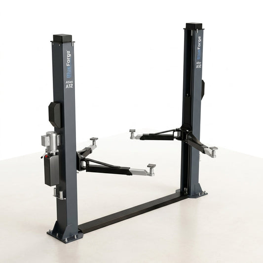 BlueForge Atlas A12 Asymmetric Two-Post Car Lift — Studio Shot