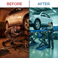 Scissor Car Lift Engineered for Professional Use, Twin-Scissor Design, Low-Profile Entry, 11,000 lb Capacity — Before & After